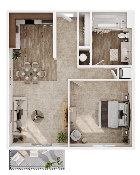 Floor plan for 1 bed, 1 bath, 750 sqft