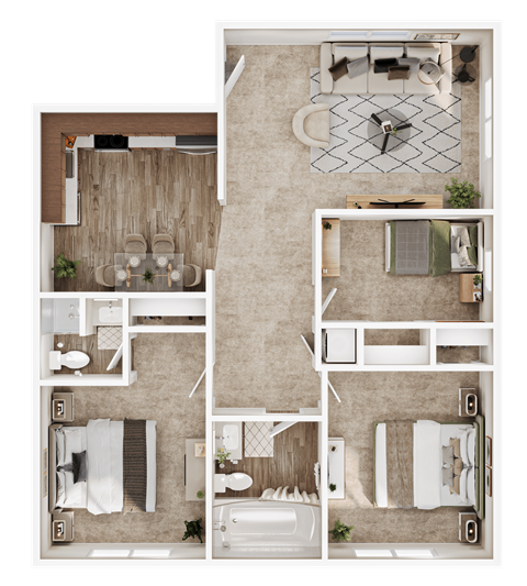 Floor plan for 3 beds, 2 baths, 950 sqft