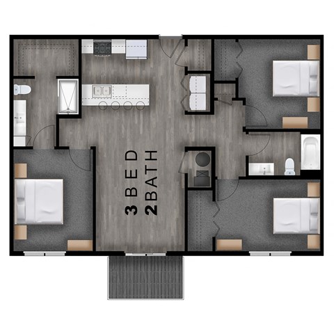 Floor plan for 3 beds, 2 baths, 1283 sqft