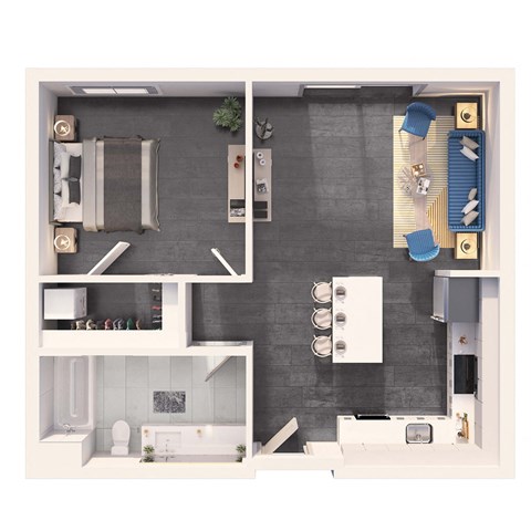 Floor plan for 1 bed, 1 bath, 643 sqft