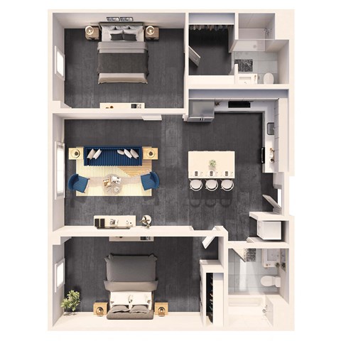 Floor plan for 2 beds, 2 baths, 957 sqft