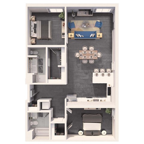 Floor plan for 2 beds, 2 baths, 1001 sqft
