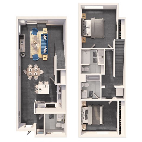 Floor plan for 2 beds, 2.5 baths, 1251 sqft