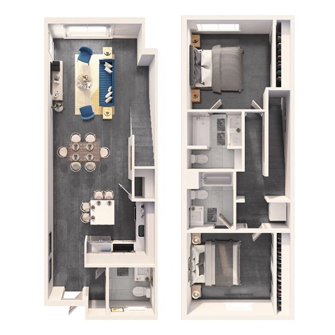 Floor plan for 2 beds, 2.5 baths, 1251 sqft