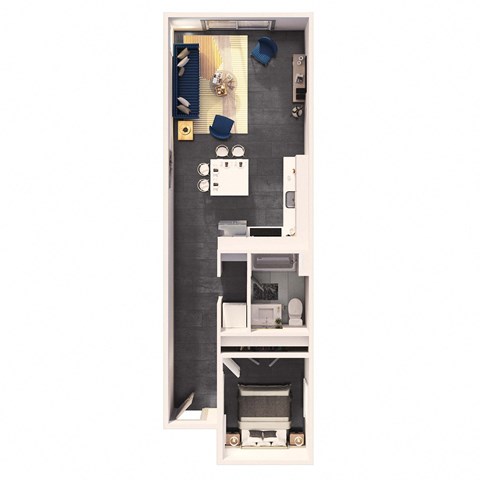 Floor plan for 1 bed, 1 bath, 770 sqft