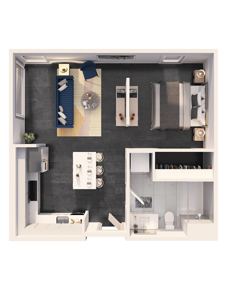 Floor plan for studio, 1 bath, 649 sqft