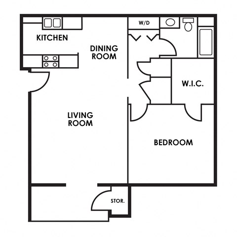 Floor plan for 1 bed, 1 bath, 801 sqft