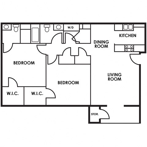 Floor plan for 2 beds, 2 baths, 1039 sqft