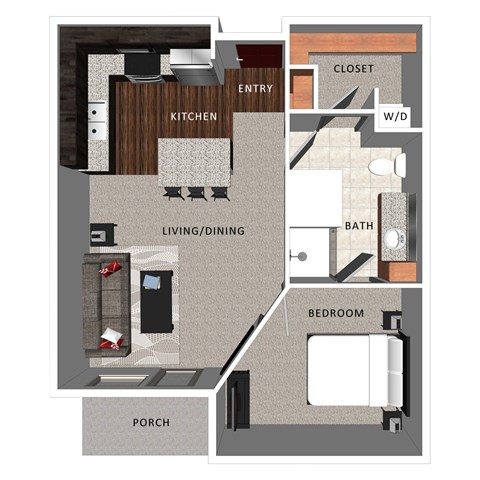 Floor plan for 1 bed, 1 bath, 606 sqft