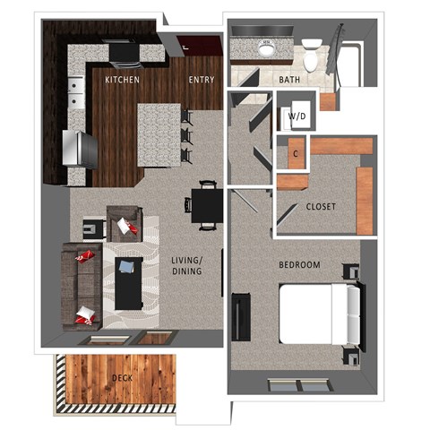Floor plan for 1 bed, 1 bath, 724 sqft