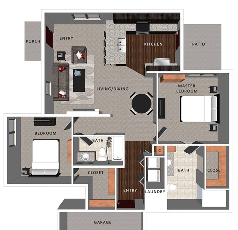 Floor plan for 2 beds, 2 baths, 1122 sqft