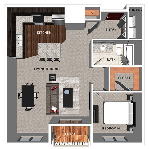 Floor plan for 1 bed, 1 bath, 764 sqft