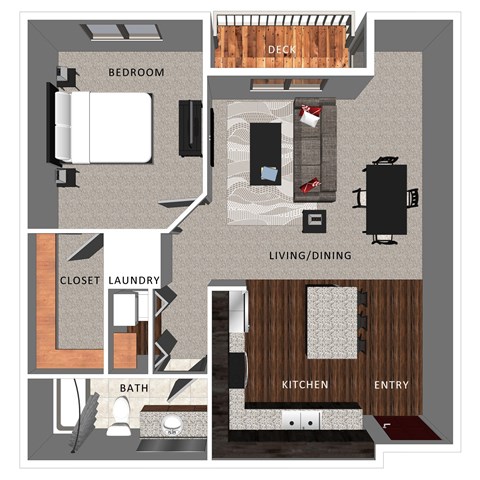 Floor plan for 1 bed, 1 bath, 740 sqft