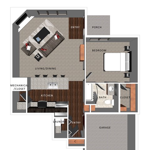 Floor plan for 1 bed, 1 bath, 787 sqft