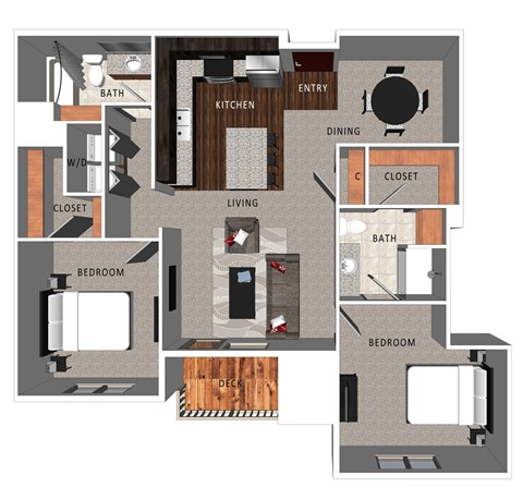 Floor plan for 2 beds, 2 baths, 1032 sqft