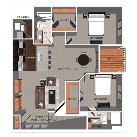 Floor plan for 2 beds, 2 baths, 1133 sqft