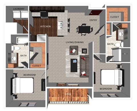 Floor plan for 2 beds, 2 baths, 1028 sqft