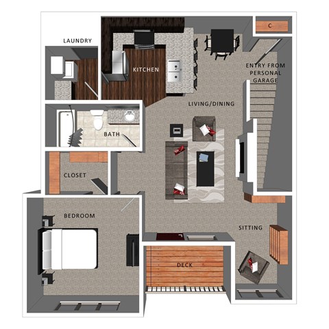 Floor plan for 1 bed, 1 bath, 891 sqft