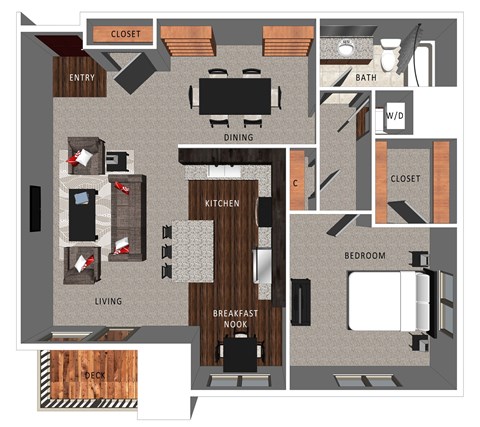 Floor plan for 1 bed, 1 bath, 953 sqft