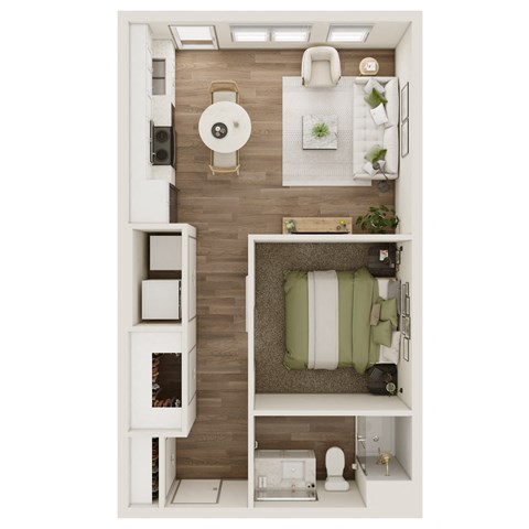 Floor plan for 1 bed, 1 bath, 587 sqft