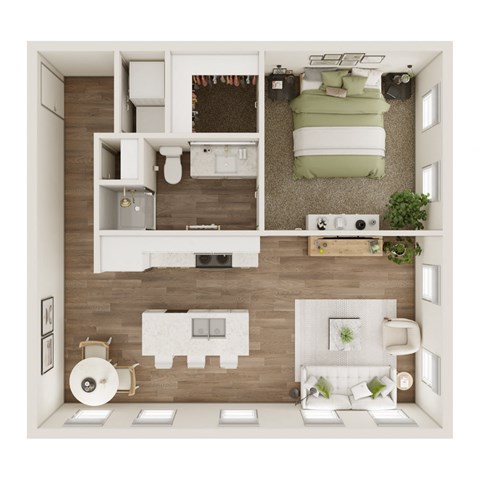 Floor plan for 1 bed, 1 bath, 728 sqft