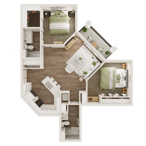 Floor plan for 2 beds, 2 baths, 1086 sqft