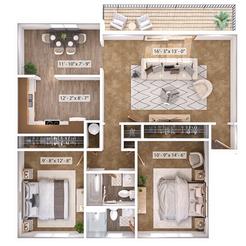 Floor plan for 2 beds, 2 baths, 1028 sqft