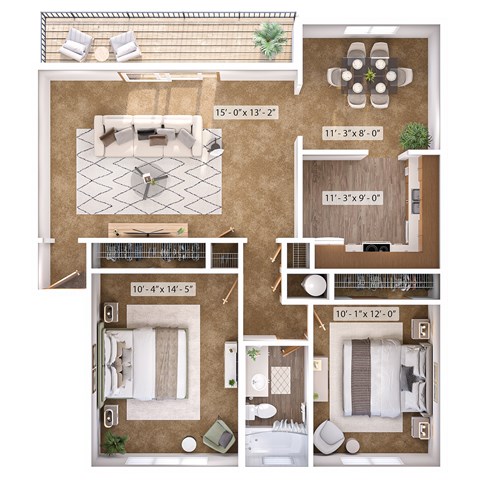 Floor plan for 2 beds, 1 bath, 886 sqft