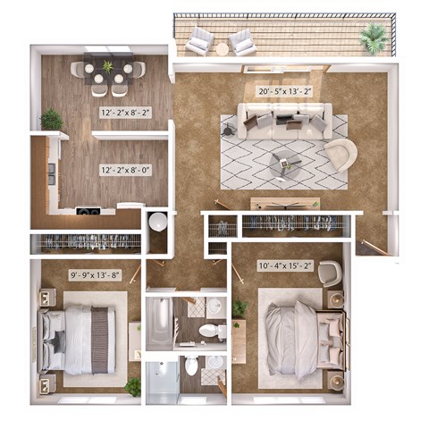 Floor plan for 2 beds, 2 baths, 954 sqft