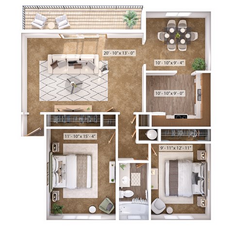 Floor plan for 2 beds, 1 bath, 960 sqft