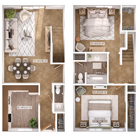 Floor plan for 2 beds, 1.5 baths, 1040 sqft