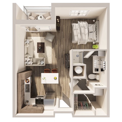 Floor plan for studio, 1 bath, 606 sqft