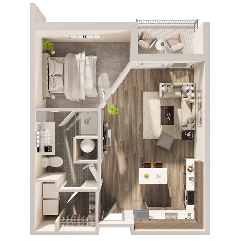 Floor plan for 1 bed, 1 bath, 607 sqft