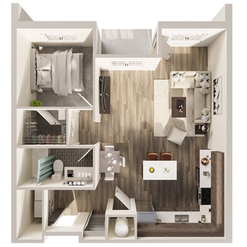 Floor plan for 1 bed, 1 bath, 764 sqft