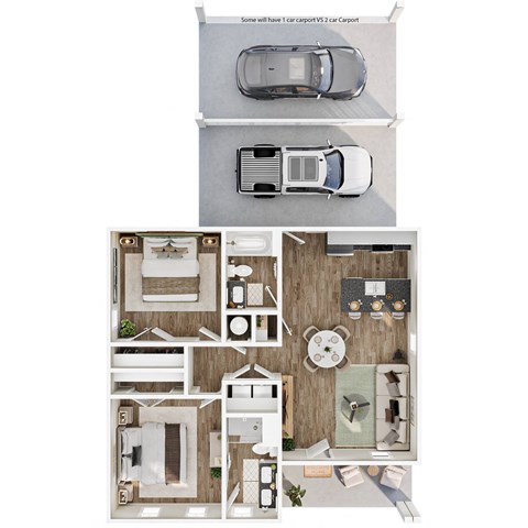Floor plan for 2 beds, 2 baths, 970 sqft