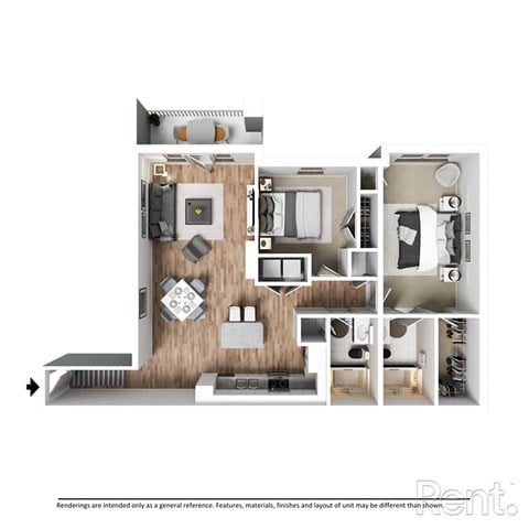 Floor plan for 2 beds, 2 baths, 1125 sqft