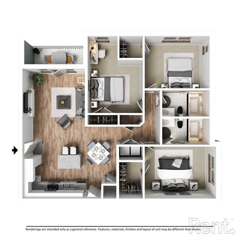 Floor plan for 3 beds, 2 baths, 1327 sqft