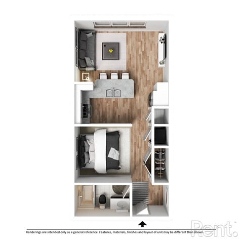 Floor plan for studio, 1 bath, 602 sqft