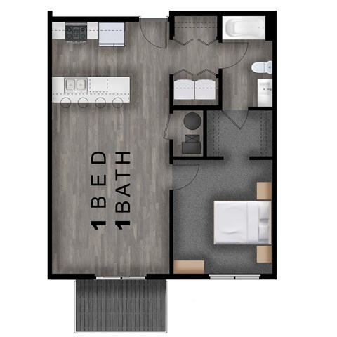 Floor plan for 1 bed, 1 bath, 748 sqft