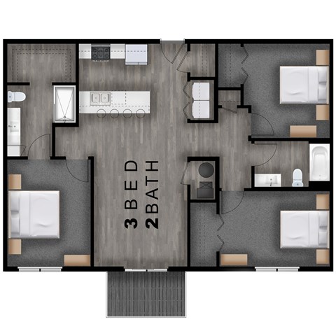 Floor plan for 3 beds, 2 baths, 1283 sqft