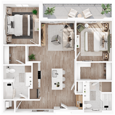 Floor plan for 2 beds, 2 baths, 958 sqft