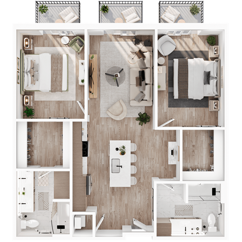 Floor plan for 2 beds, 2 baths, 1068 sqft
