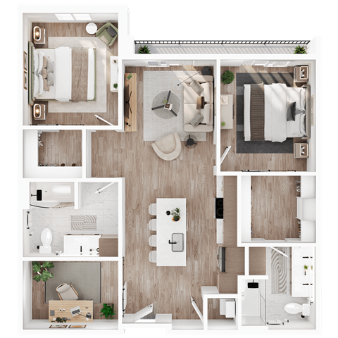 Floor plan for 2 beds, 2 baths, 1042 sqft