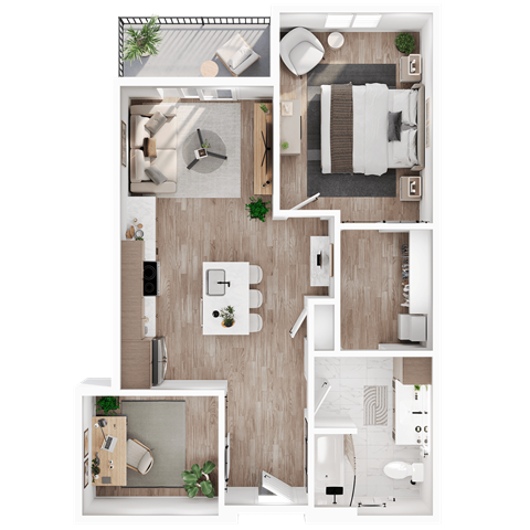 Floor plan for 1 bed, 1 bath, 748 sqft