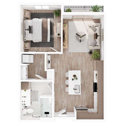 Floor plan for 1 bed, 1 bath, 629 sqft