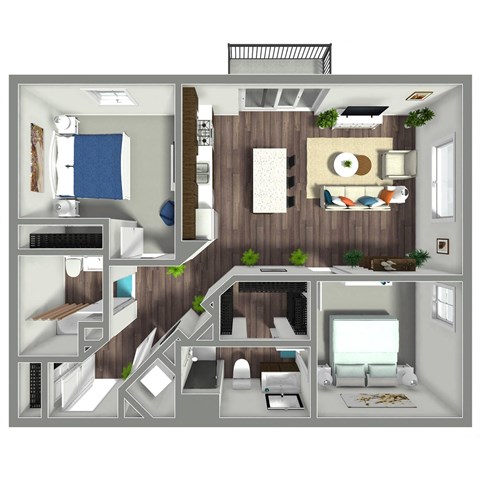 Floor plan for 2 beds, 2 baths, 1072 sqft
