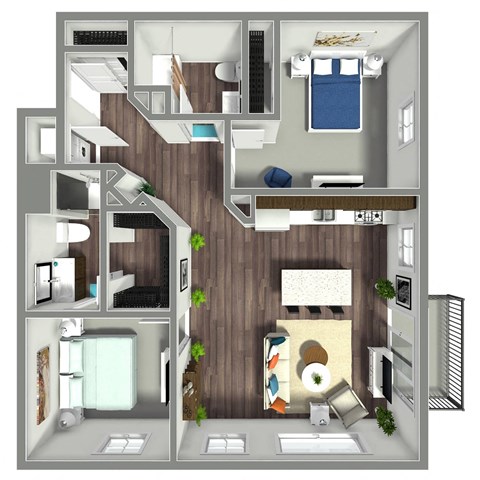 Floor plan for 2 beds, 2 baths, 1075 sqft