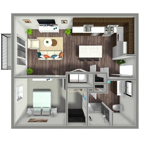 Floor plan for 1 bed, 1 bath, 730 sqft