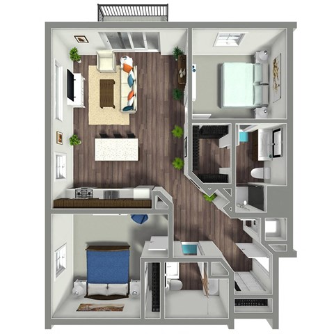 Floor plan for 2 beds, 2 baths, 1087 sqft