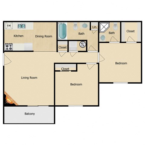 Floor plan for 2 beds, 2 baths, 900 sqft
